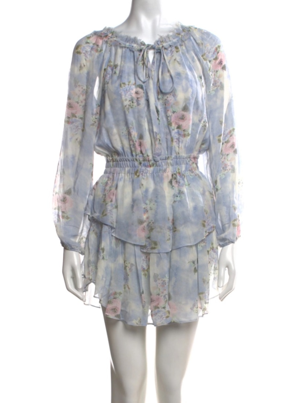 LoveShackFancy Light Blue Floral Ruffled Mini Dress